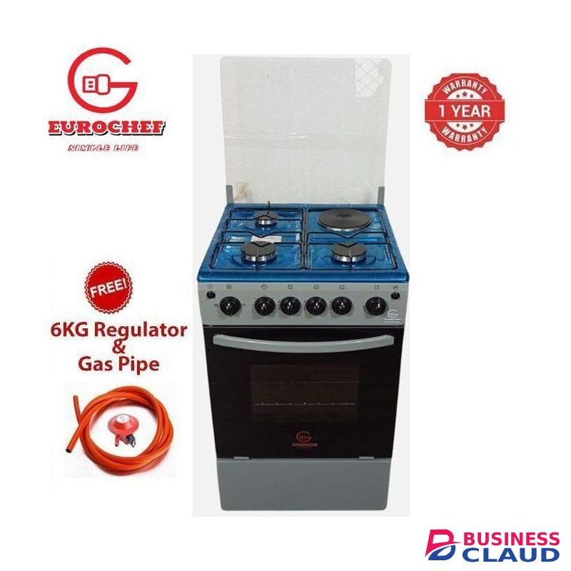Eurochef Standing Gas Cooker – 50x55, 3 Gas Jet Burners + 1 Hot Plate, Electric Oven, Silver+FREE 6KG REGULATOR+PIPE