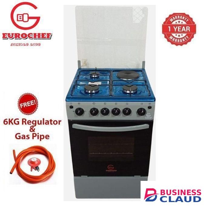 Eurochef Standing Gas Cooker – 50x55, 3 Gas Jet Burners + 1 Hot Plate, Electric Oven, Silver+FREE 6KG REGULATOR+PIPE