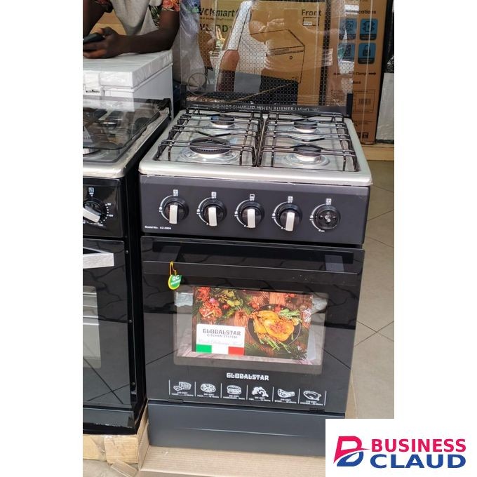 Free Standing 4 Gas Burner Cooker with Electric Oven – Black and Silver Finish