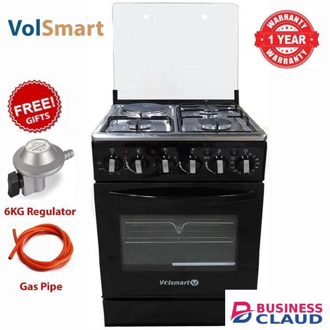 VOLSMART 50×55 Free Standing Cooker – 3 Gas Jet Pool Burners + 1 Electric Hot Plate, Large Electric Oven+FREE 13KG REGULATOR+GAS PIPE(1YR WRTY)