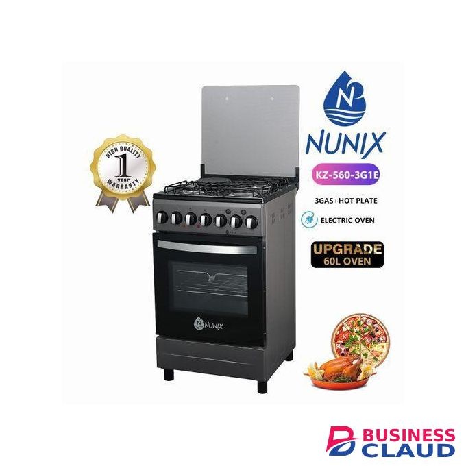 Nunix 50x55 Free Standing Full Cooker – 3 Gas Burners, 1 Hotplate & Electric Oven(1YR WARRANTY)