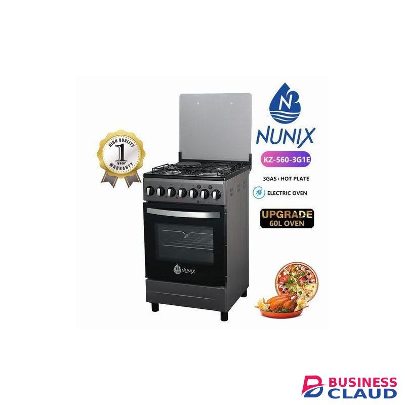 Nunix 50x55 Free Standing Full Cooker – 3 Gas Burners, 1 Hotplate & Electric Oven(1YR WARRANTY)