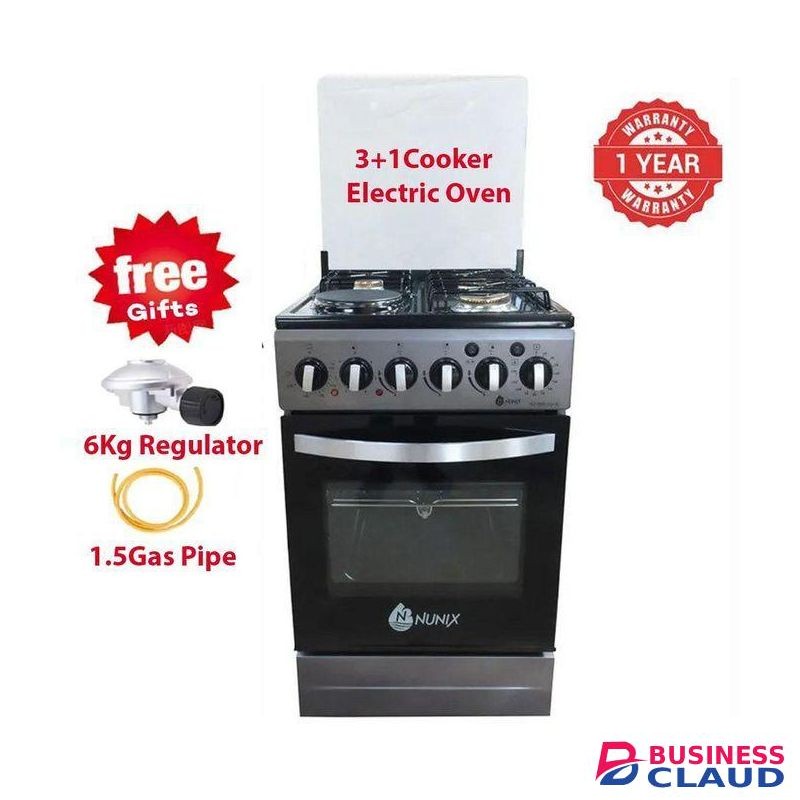 Nunix 3 Gas + 1 Electric Hotplate Free Standing Cooker with Electric Oven With 13 KGS Regulator and Pipe