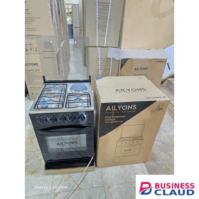 AILYONS Free Standing Cooker with 3 Gas Burners, 1 Electric Hot Plate, and Oven – Black and Silver Finish