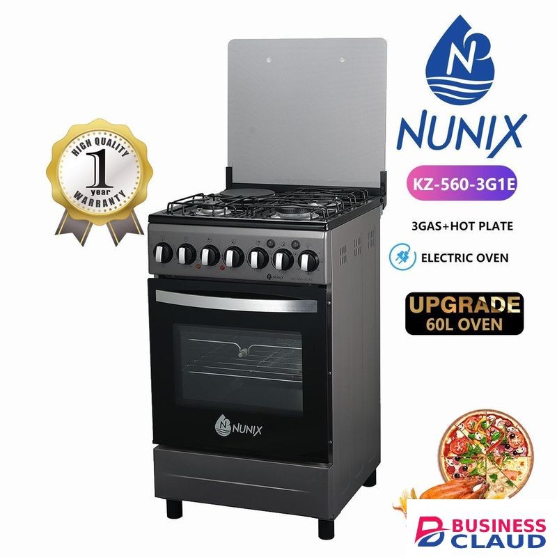 Nunix Standing Cooker with 3 Gas Burners + 1 Electric Hotplate, and Upgraded 60L Electric Oven - Black