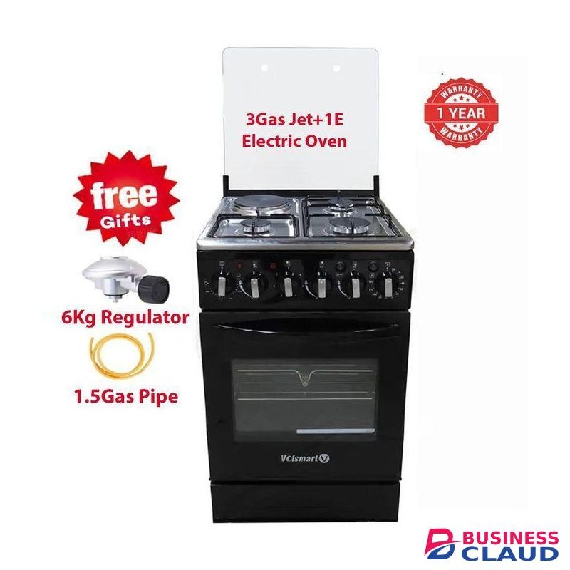 VOLSMART 3gas +1 electric Free Standing cooker with JET VALVES AND Electric oven - Black