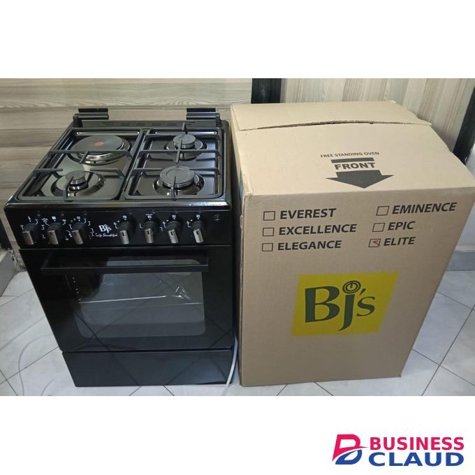BJS 60cm by 60cm, 3 Gas Jet Burners + 1 Rapid Hot Plate Free Standing Cooker with ROTISSERIE, TURBO FAN, ELECTRIC OVEN