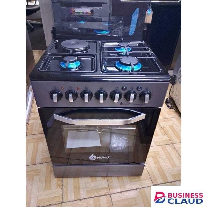Nunix Free Standing 60x60cm Cooker with 3 Gas Burners, 1 Electric Hot Plate, and Electric Oven – Black and Silver.