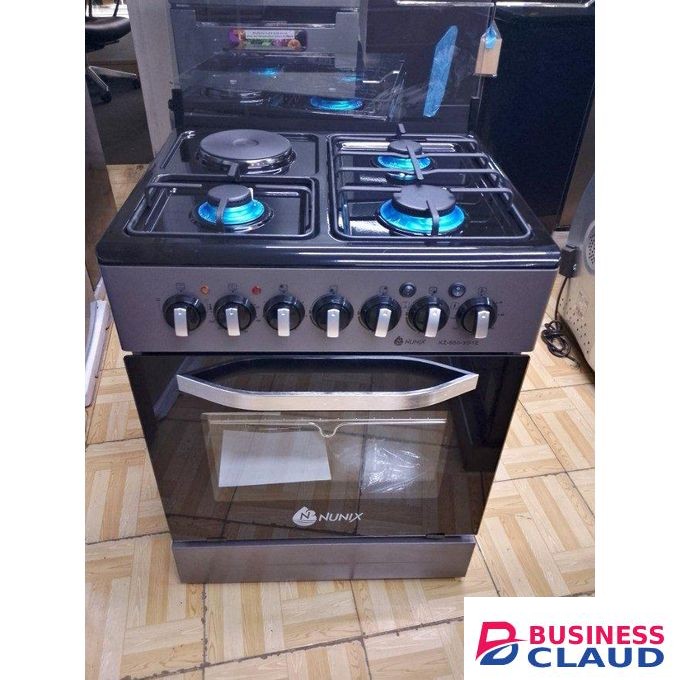 Nunix Free Standing 60x60cm Cooker with 3 Gas Burners, 1 Electric Hot Plate, and Electric Oven – Black and Silver.