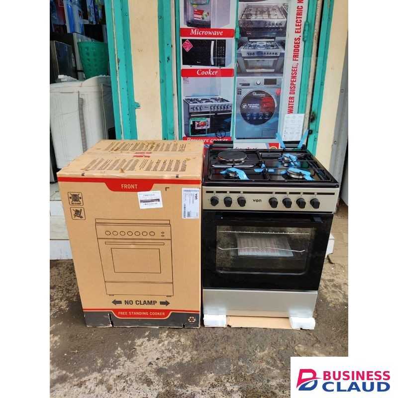 VON 60×55, 3Gas Europool Burners + 1Electric Hotplate Standing Cooker with 3 Functions Electric Oven, 1 Year Warranty