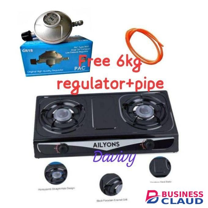 AILYONS Table Top Double Burner Gas Stove Cooker + Pipe & Regulator