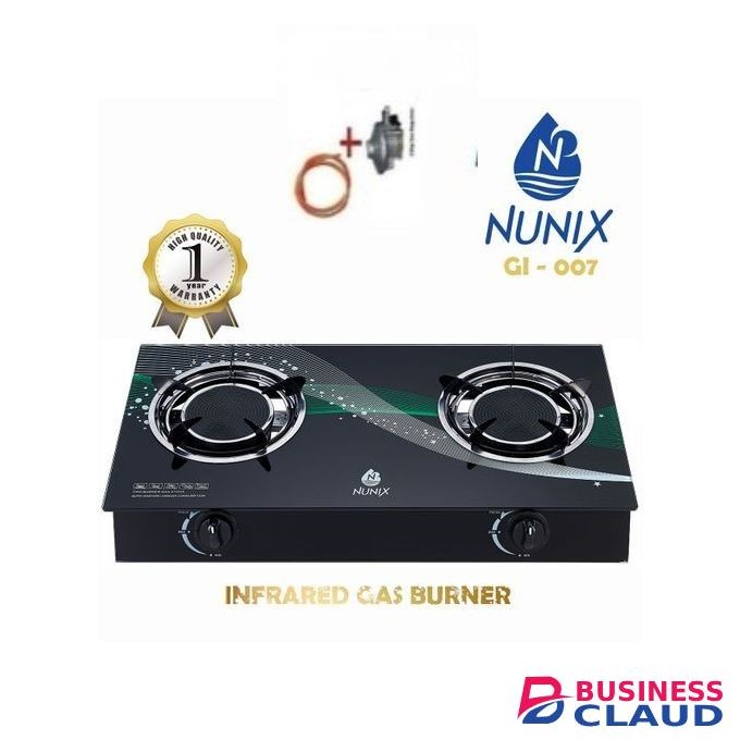 Nunix InfraRed GlassTop 2 Burner Low Gas Stove/cooker+6kg Reg+Pipe
