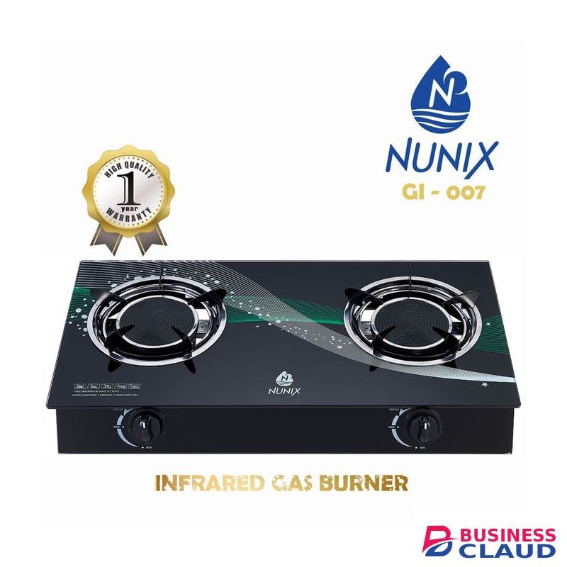 Nunix InfraRed GlassTop 2 Burner Low Gas Stove/cooker+6kg Reg+Pipe