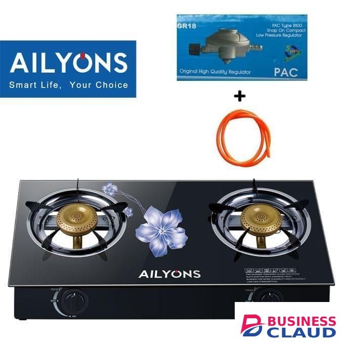 AILYONS Table Top Double Burner Glass Gas Stove Cooker + 1. 5M Pipe + 6 Kg Regulator