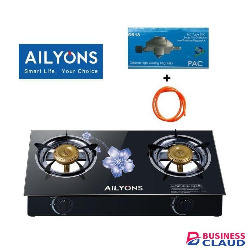 AILYONS Table Top Double Burner Glass Gas Stove Cooker + 1. 5M Pipe + 6 Kg Regulator