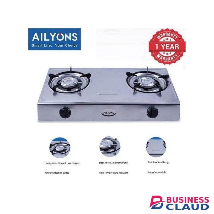 AILYONS 2 Burner Stainless Steel Gas Cooker, Free Gas Pipe + 6KG Regulator