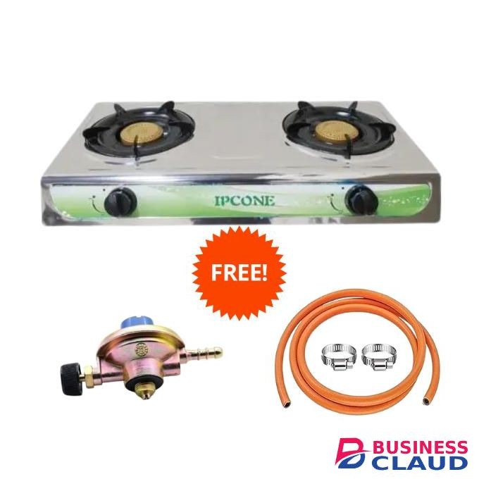IPCONE 7102 2 Burner Table Top Gas Cooker Stainless Steel-Silver + Free 2m Pipe + 6kg Gas Regulator + 2 Clips