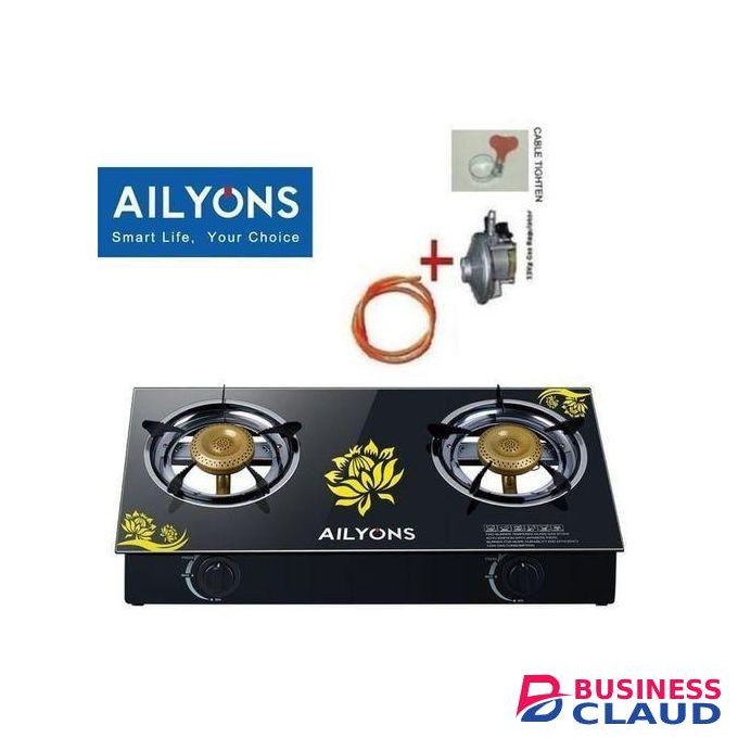 AILYONS Table Top Double Burner Glass Gas Stove Cooker + FREE clips a pair+ Pipe & Regulator