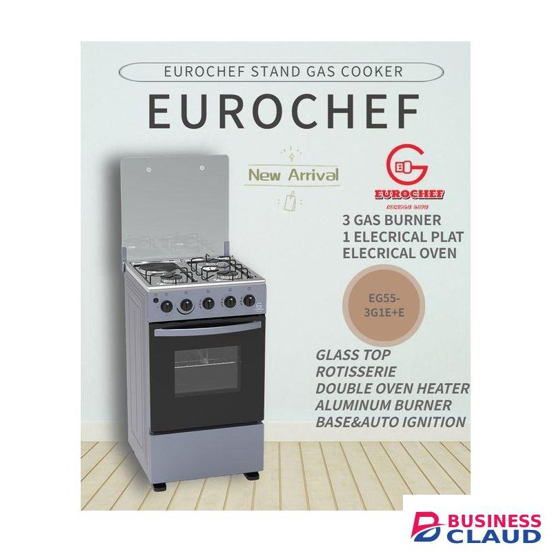 Euro EG55-3G1E+E OVEN Free Stand Glass Top Cooker,rotisserie Silver, 60L