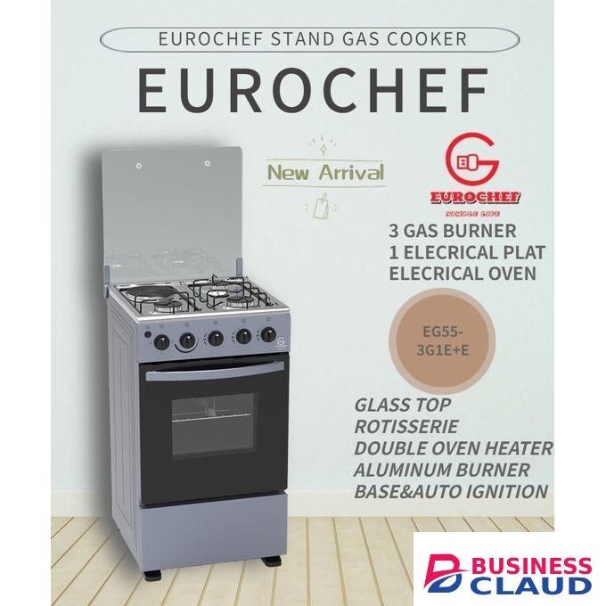 Euro EG55-3G1E+E OVEN Free Stand Glass Top Cooker,rotisserie Silver, 60L