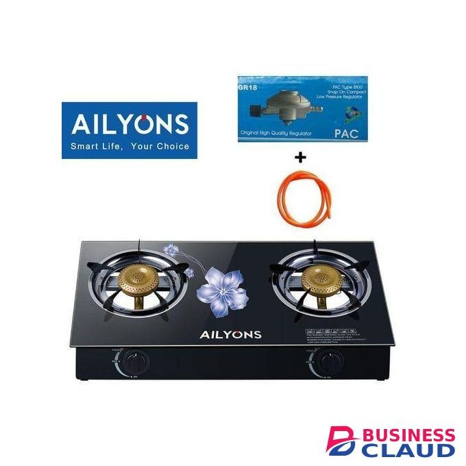 AILYONS Table Top Double Burner Glass Gas Stove Cooker +1.5MPipe WITH CLIPS & Regulator +6KG
