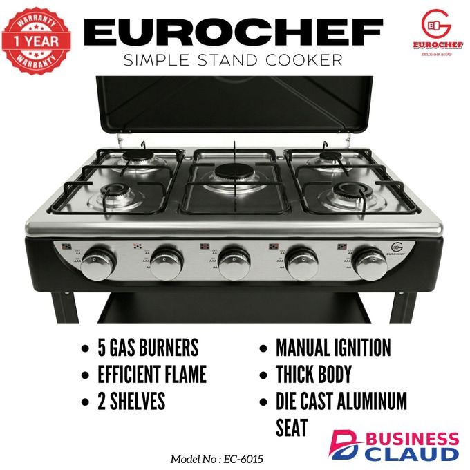 Eurochef EC-6015 Deluxe Gas Stove – 5 Gas Burners, Storage Shelves, Die Cast Aluminum Seat, Thick Body