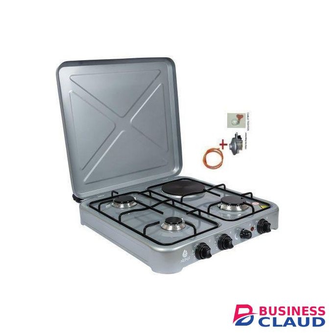 Nunix 4 Burner Gas Cooker (3 Gas + 1 Electric Hot Plate) Table Top – With 6KG Gas Regulator, 1M Hose Pipe & 2 Clips-
