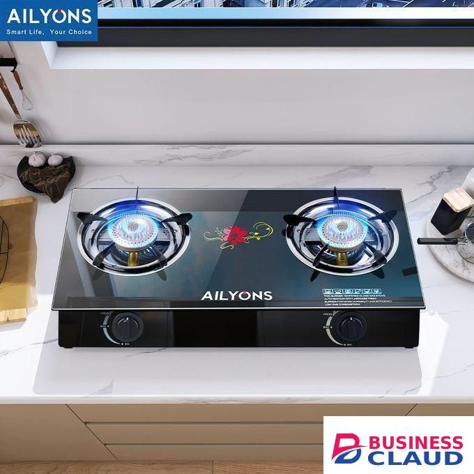 AILYONS Glass Top 2 Burner Gas Stove, Free 1M Gas Pipe + 6KG Regulator