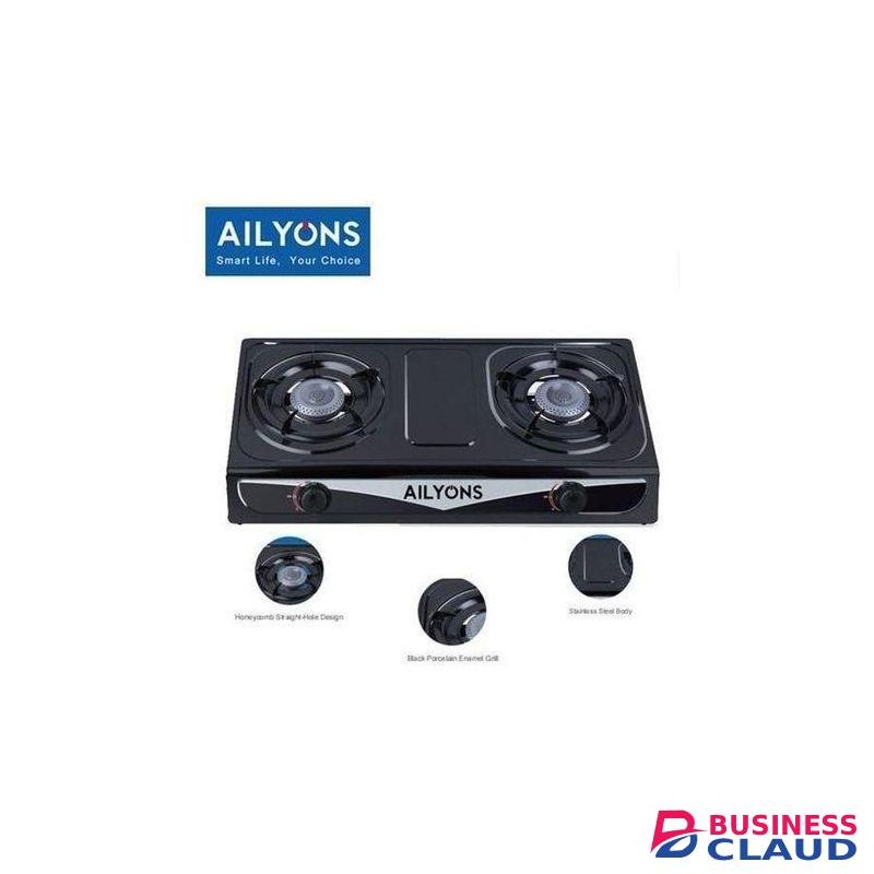 AILYONS Auto ignition Table Top Double Burner Gas Stove Cooker + FREE 1M Pipe & 6kg Regulator - BLACK
