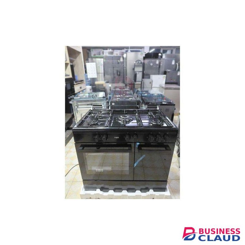 VON 90x60 Freestanding Cooker with 5 Gas Burners (1 Wok Burner) with Electric Oven with 4 Oven Functions, Gloss Black