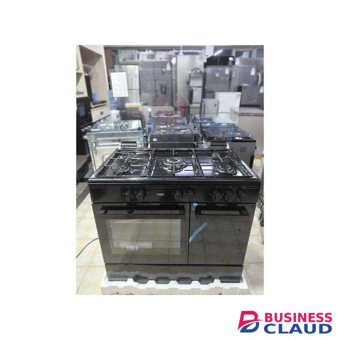 VON 90x60 Freestanding Cooker with 5 Gas Burners (1 Wok Burner) with Electric Oven with 4 Oven Functions, Gloss Black