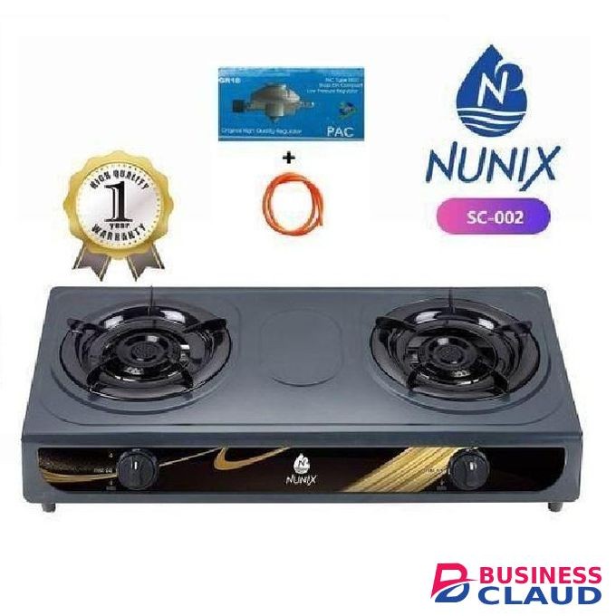 Nunix Heavy Duty Stainless steel Table Top Double Burner Gas Stove + Free 6Kg Regulator and Gas Pipe