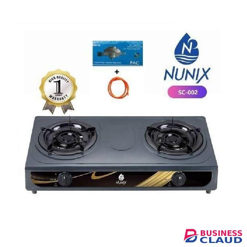 Nunix Heavy Duty Stainless steel Table Top Double Burner Gas Stove + Free 6Kg Regulator and Gas Pipe