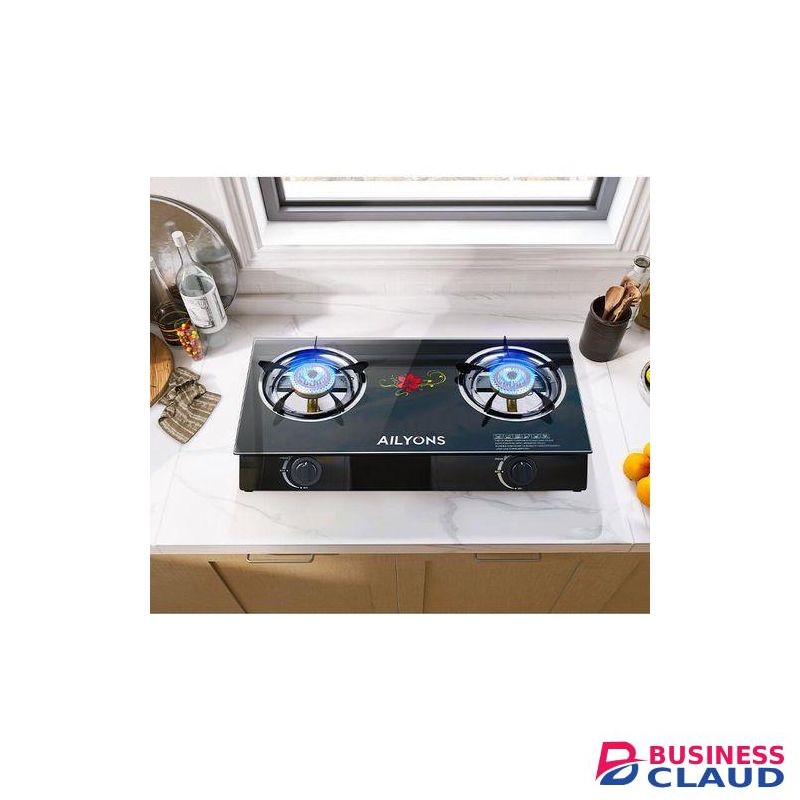AILYONS Gas Cooker, 2 Burner Glass Top Gas Stove,Stainless Steel Frame & Tray Auto Piezo Ignition