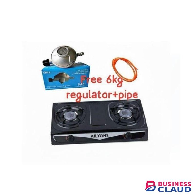AILYONS 2 Burner Gas Cooker Stainless Steel Double Burner Gas Stove plus 6kg regulator and 1.5m pipe