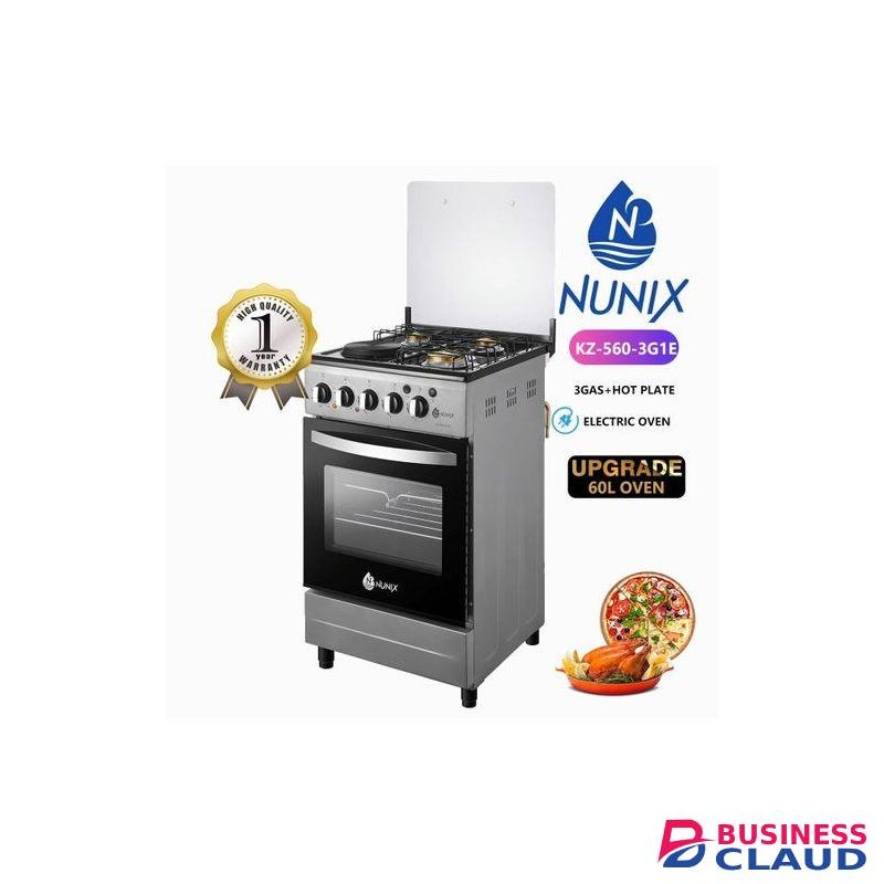 Nunix 3 Gas Burner, Hotplate With Electric Oven Of 60L Oven