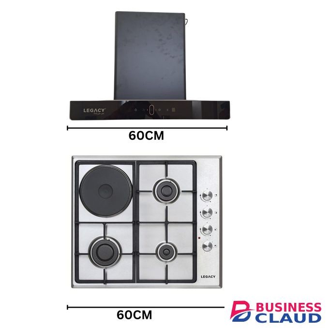 Legacy Built In Cooker Hob 3G+1E Gas Stainless Steel Cooker with Hood Chimney Automatic Ignition Free Regulator + delivery Pipe 1yr Warranty
