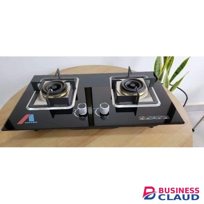 2-Burner Tempered Glass Gas Stove with Central Flame Control – Compact Countertop Design