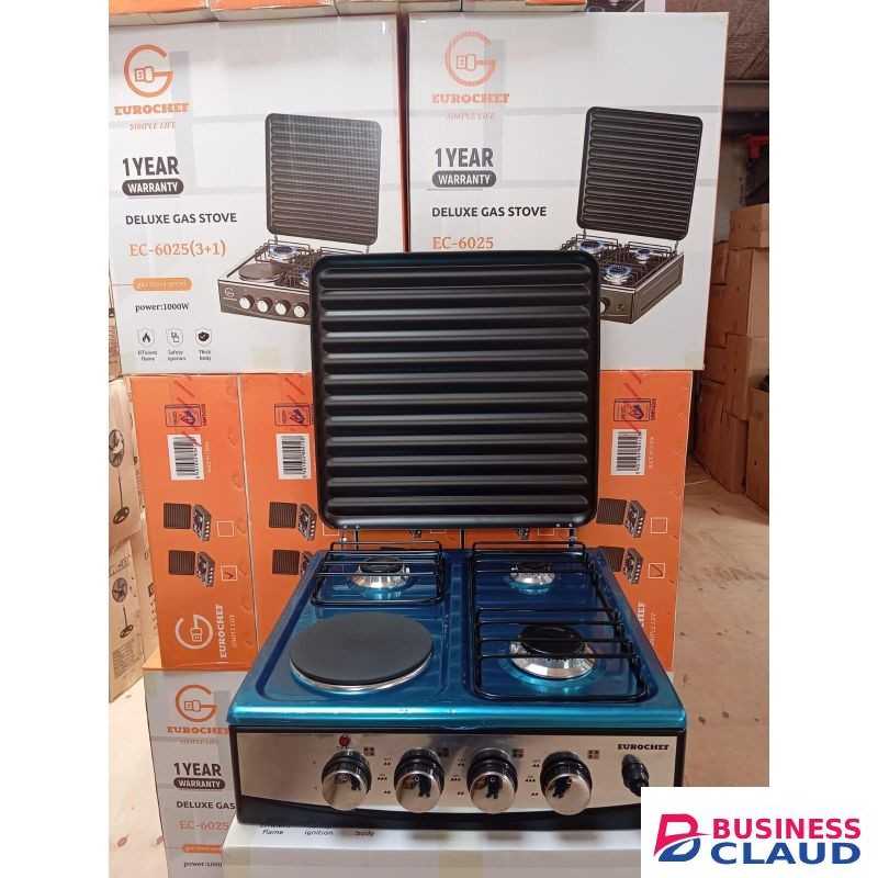 Eurochef EC-6025 (3+1) Table Top Gas Cooker – 3 Gas Burners + 1 Electric Hot Plate, Stainless Steel Body, Auto Ignition, Compact Countertop Kitchen Stove for Home Use, Durable & Energy Efficient, 8.5kg