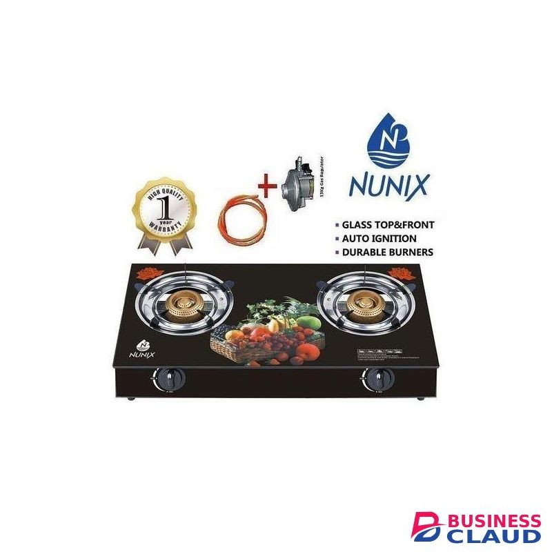 Nunix Infrared Glass Top Gas Saving Cooker Two Burner + Reg +Pipe