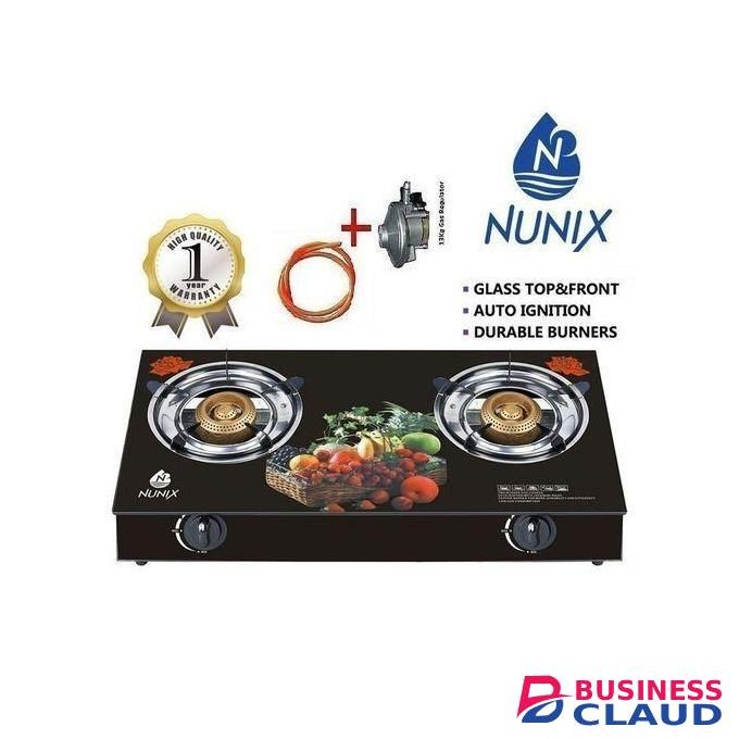 Nunix Infrared Glass Top Gas Saving Cooker Two Burner + Reg +Pipe