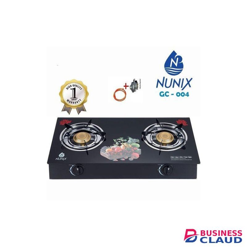 Nunix GC-004 2 burner low gas consumption glass top cooker plus 1.5m hose pipe and 6kg regulator