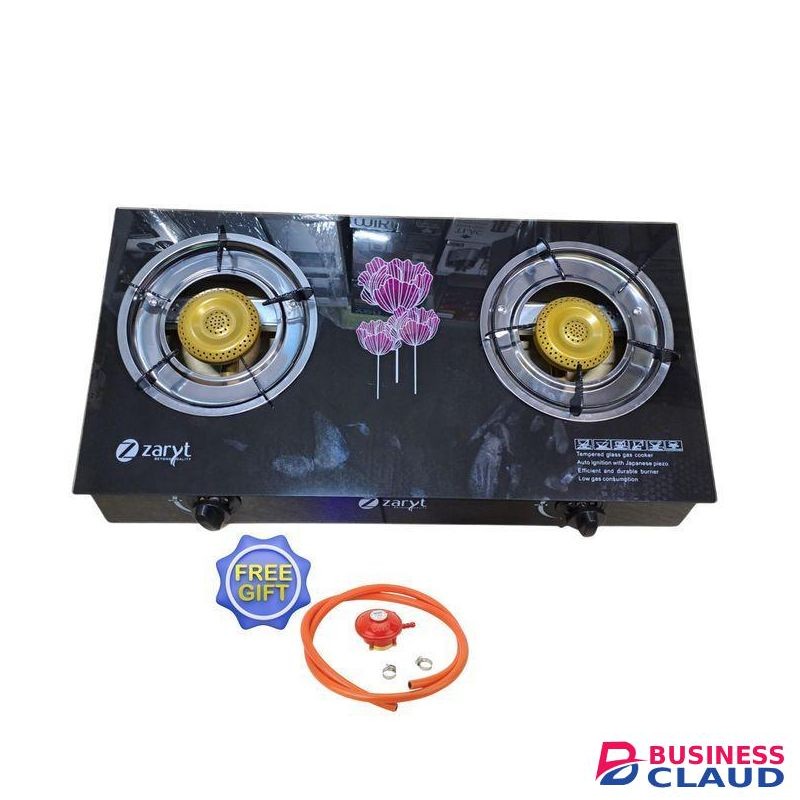 Zaryt 2 Glass Top Burner Automatic Ignition Table Top Glass FREE Gas Delivery Pipe + Gas Regulator + 2Pc Gas Safety Clips - 1yr Warranty