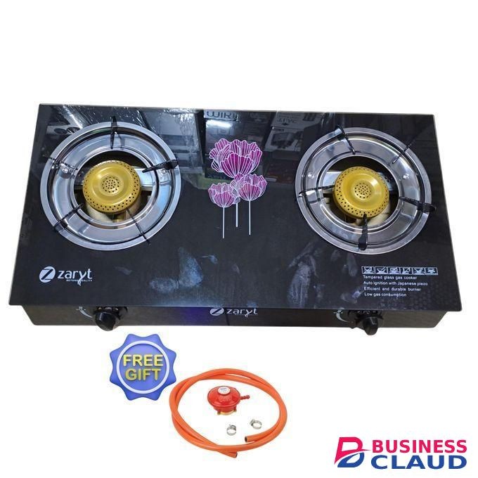 Zaryt 2 Glass Top Burner Automatic Ignition Table Top Glass FREE Gas Delivery Pipe + Gas Regulator + 2Pc Gas Safety Clips - 1yr Warranty