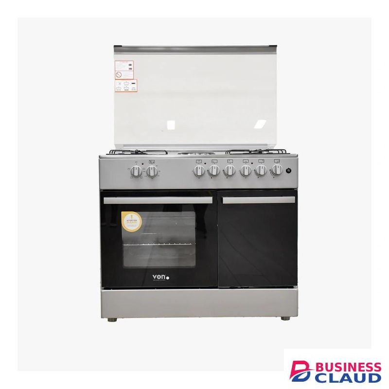 VON VCF964241NFS Freestanding Cooker - 90x60cm, 4 Gas Burners + 2 Electric Hotplates, Neutral Voltage Stabilizer, Black Glass, Enamel Shelves, Silver