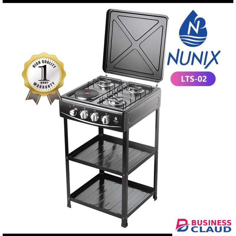 Nunix 4-Burner Gas and Electric Stove with Storage Shelves and Lid Cover