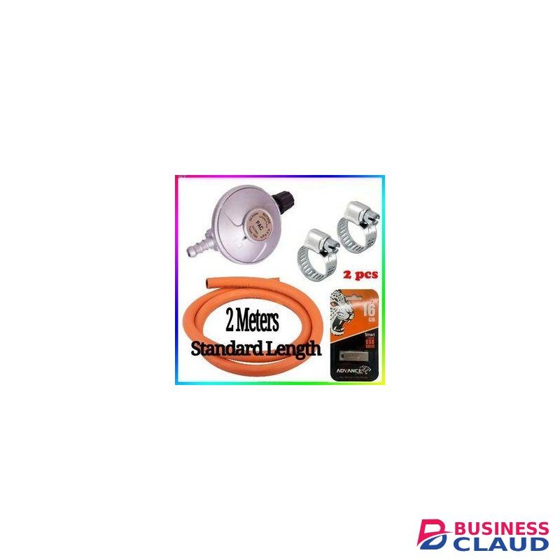 Pac BEST GAS REGULATOR // BEST 6 KG GAS REGULATOR // Advance Standard Pressure 6kg Gas Regulator Plus FREE Gas Delivery Hose Pipe 2M & Safety Clips For 2 Meko Tabletop Cooker Burner + Free Smart 16GB Flash Disk