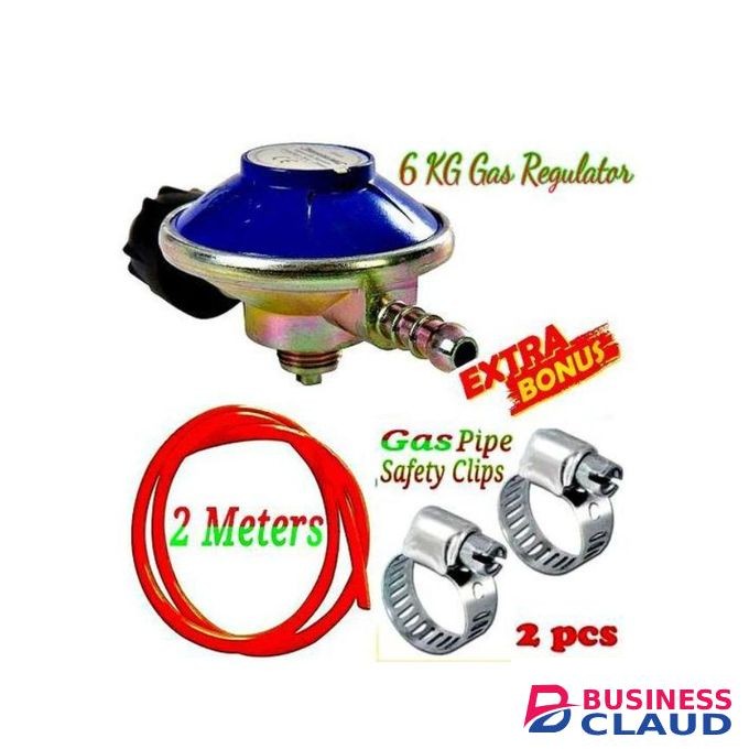 Gas Regulator Gas Cylinder 6kg Plus EXTRA GIFTS Delivery Hose Pipe 2M & 2- Safety Gas Clips Clamps For Double / 2 Burner Cooker