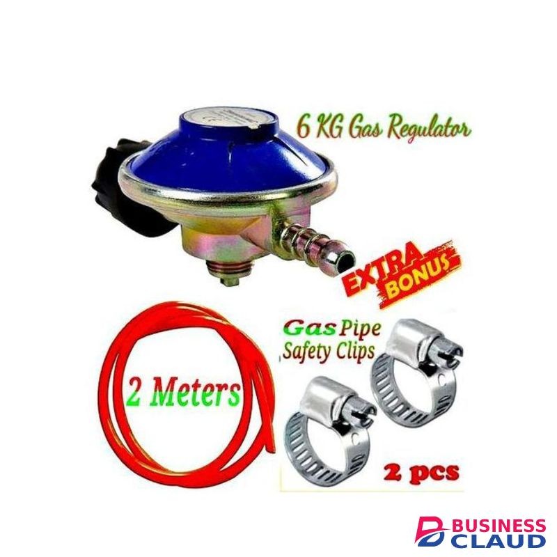 Gas Regulator Gas Cylinder 6kg Plus EXTRA GIFTS Delivery Hose Pipe 2M & 2- Safety Gas Clips Clamps For Double / 2 Burner Cooker