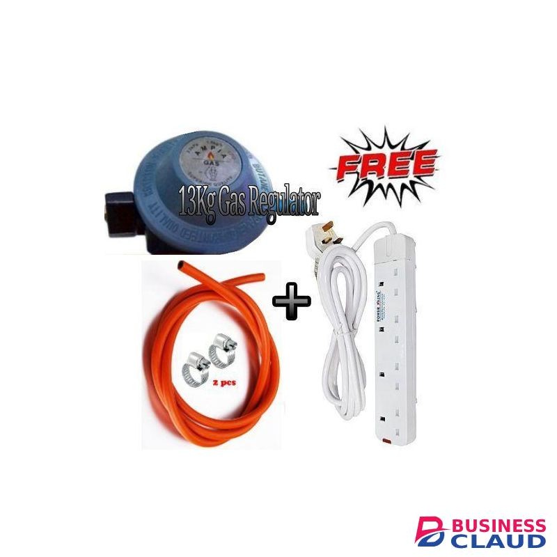 Ampia a Universal 13kg/13 kg Gas Cylinder Regulator For 2/3 Table Top Cooker burner + Free Safety Clips & 2M Gas Delivery tube & Free 4 Way Power Extension Cable